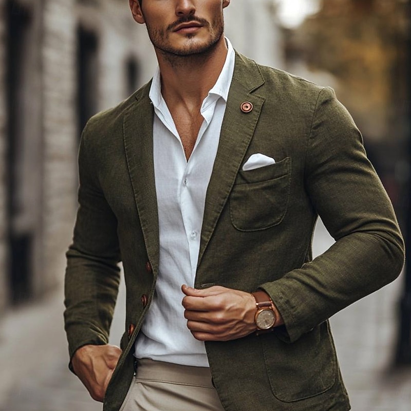 Men Lightweight Jacket Casual Casual Spring Fall & Winter Cotton Solid Color Single Breasted One-button Blazer Black khaki Army Green