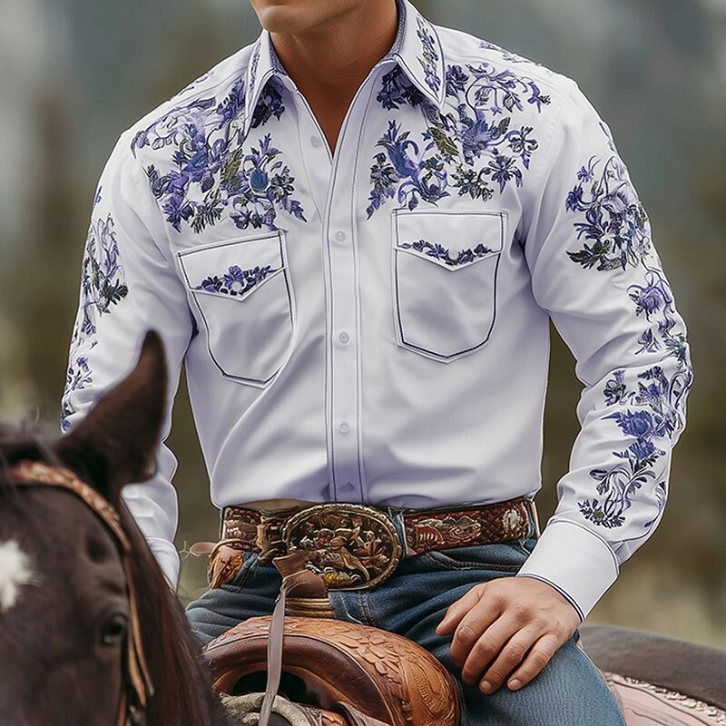 Men's Floral Print Flowers Shirt Western Shirt Cowboy Shirt Long Sleeve Vintage Retro Outdoor Casual WorkWear Spring Fall Turndown Front Two Pockets Linen Like Shirt Button Up Shirts Pink Blue Purple3