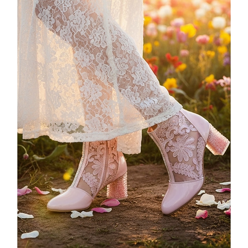 Women's Pink Lace Ankle Boots with Rhinestones Cute Floral Design Comfortable Dressy Shoes2