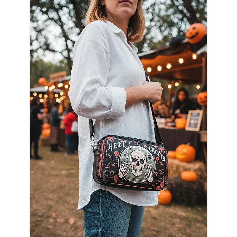 Women's Halloween Crossbody Shoulder Bag – Faux Leather Pumpkin, Skull and Bat Print Purse for Party, Cosplay and Everyday Wear2