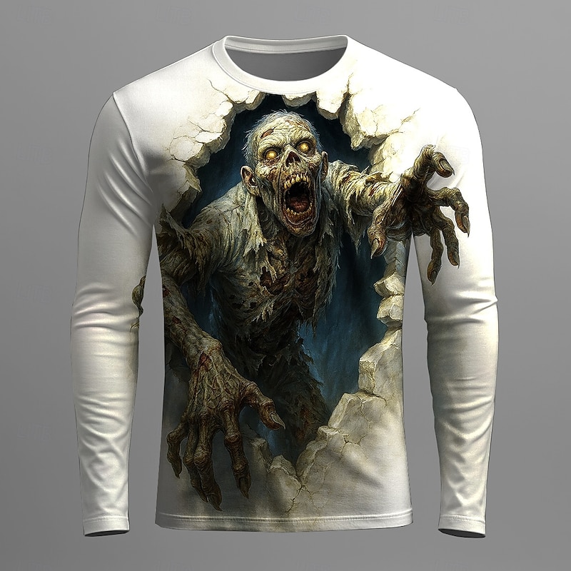Halloween Men's Zombies 3D T Shirt Long Sleeve T shirt 3D Print Crew Neck Shirt Fashion Exaggerated Street Casual Daily White Summer Spring Fall Clothing Apparel S M L XL XXL XXXL