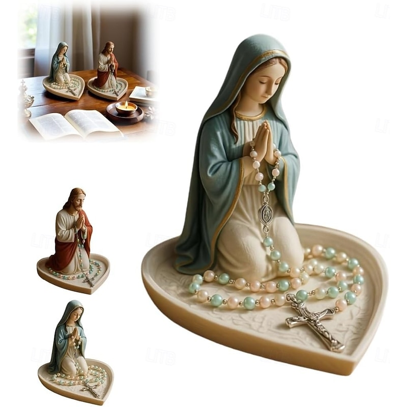 Virgin Mary Jesus Rosary Holder Sacred Catholic Sculpture Religious Blessed Statue Religious Gift Suitable For Bedroom Living Room Office Desktop Decoration
