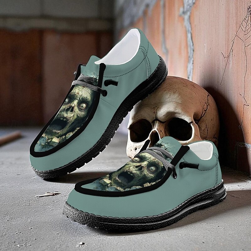 Men's Lace-Up Canvas Shoes with Zombie Skull Print, Casual Boat Shoes Spooky Halloween Party and Walking