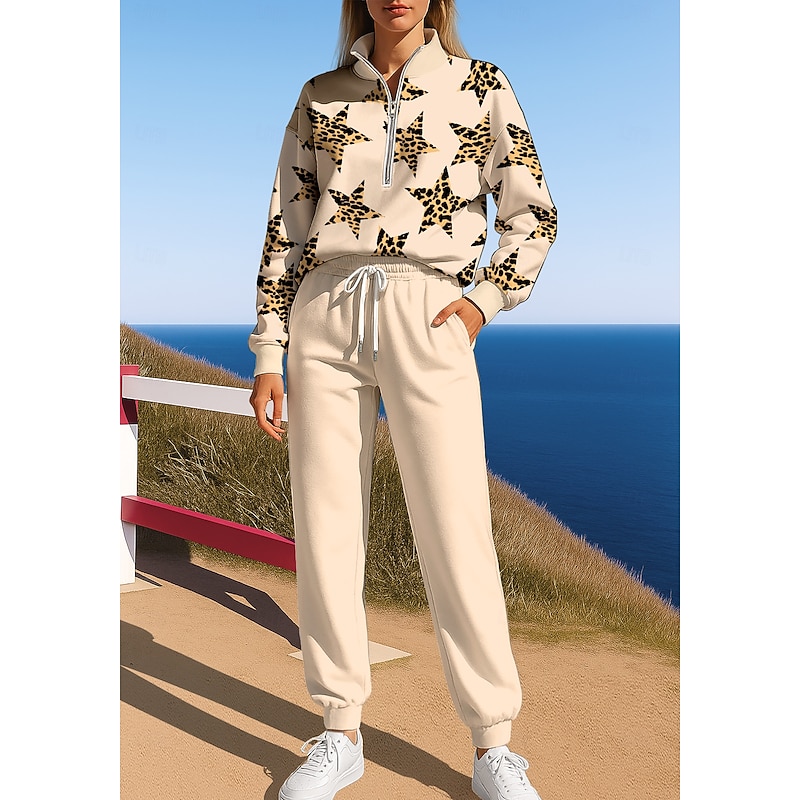 Women's Sweatshirt Tracksuit Sweatsuit Drawstring Zipper Geometric Jacket and Sweatpants Athletic Clothing Set Spring Beige Casual Workout Outdoor Soft Baggy Long Sleeve Sport Activewear Micro-elastic3