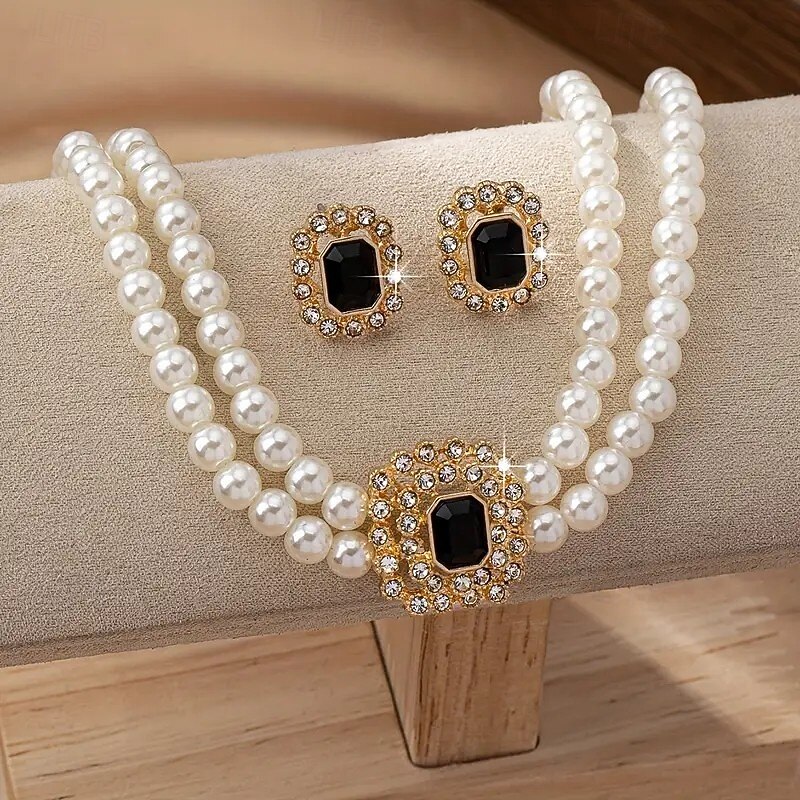 Luxury Elegant Double Row Square Necklace and Earrings Set, Fashion Jewelry for Women3