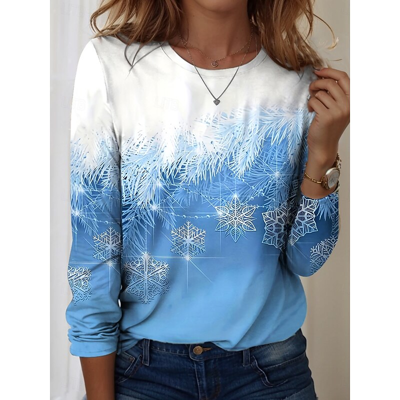 Women's T Shirt Ombre Graphic Snowflake Vintage Fashion Stylish Long Sleeve Crew Neck Regular Tops Daily Weekend Print Yellow Red Blue Purple Green Spring Fall Winter