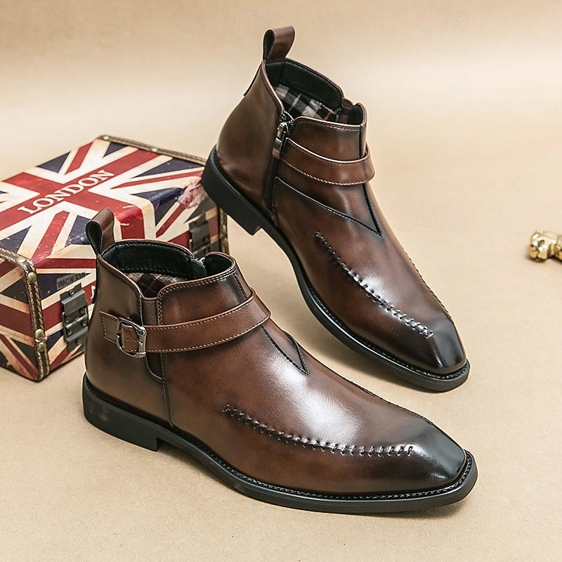 Men's Brown Faux Leather Buckle Ankle Boots – Stylish Stitched Dress Shoes for Weddings, Parties and Evening Wear4