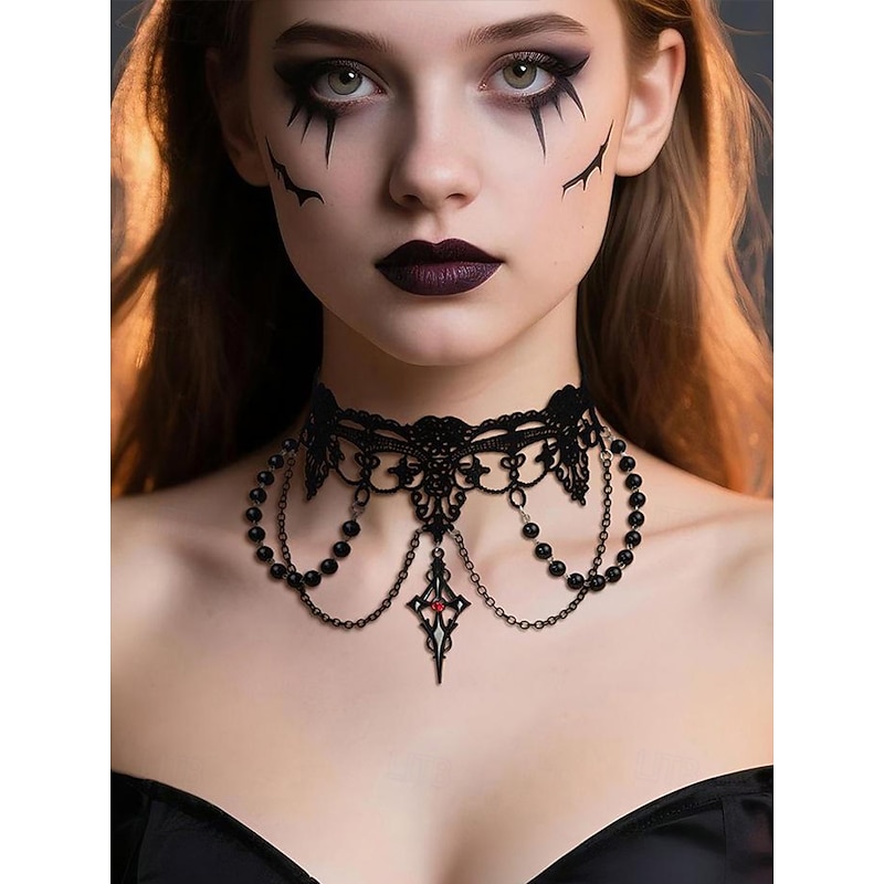 Women's Halloween Gothic Lace Choker Necklace and Earrings Set – Black Beaded Vampire Jewelry for Costume Party and Cosplay3
