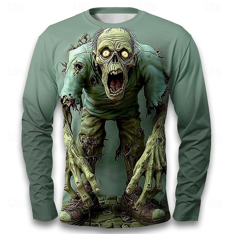 Halloween Men's Optical Illusion Zombies 3D T Shirt Long Sleeve T shirt 3D Print Crew Neck Shirt Fashion Exaggerated Street Casual Daily Green Summer Spring Fall Clothing Apparel S M L XL XXL XXXL