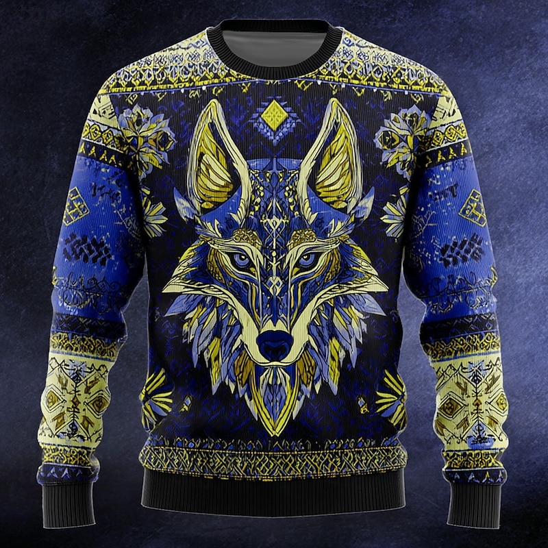 Men's Animal Wolf Viking Pullover Sweater Jumper Knitwear Crewneck Retro Vintage Casual Vacation Daily 3D Print Knitting Keep Warm Long Sleeve Spring Fall Winter Blue Brown Green3