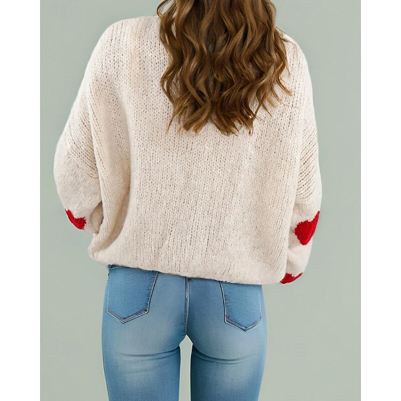 Women's Sweater Cardigan Streetwear Casual Heart Fruit Crew Neck Knitted Print Long Sleeve Regular Tops Knit Daily Holiday Going out Pink Dusty Rose Fall Winter3