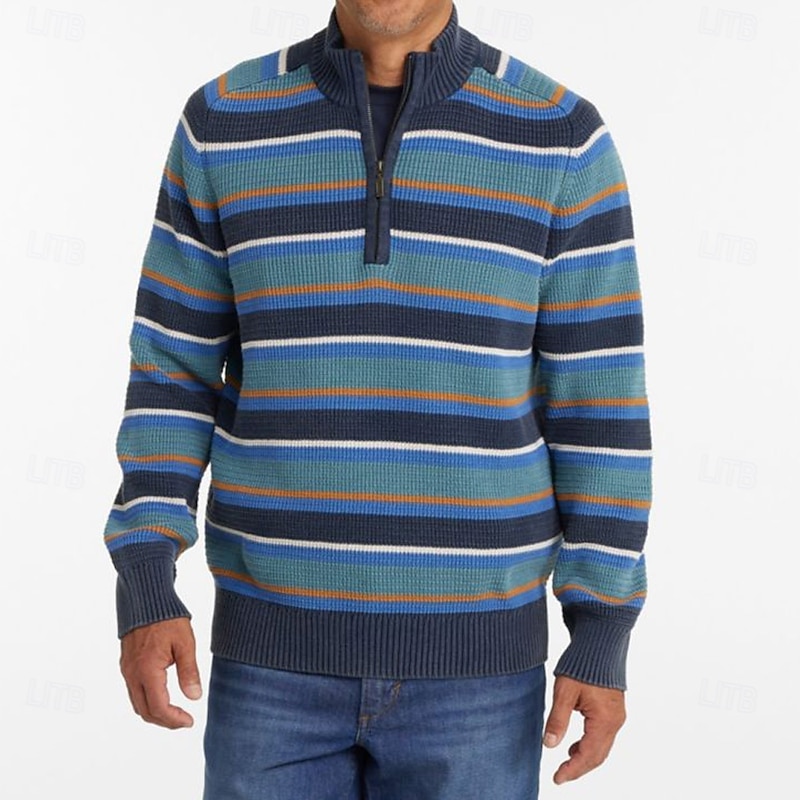 Men's Striped Zip Sweater Sweater Polo Zip Collar Casual Vacation Home Daily Zipper Knitting Keep Warm Long Sleeve Fall Winter Blue