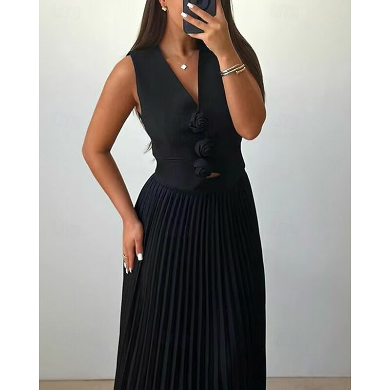 Women's Midi Dress Casual Dress Dress Set Satin Dress Elegant Fashion Modern Outdoor Daily Going out Regular Fit Plain Sleeveless V Neck Black Pink Wine Blue Spring Autumn4
