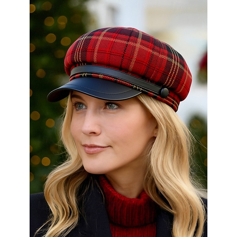 Women's Plaid Newsboy Cap with PU Leather Visor, Vintage Gatsby Baker Boy Hat in Multiple Colors, Stylish Christmas Party Accessory and Winter Gift2