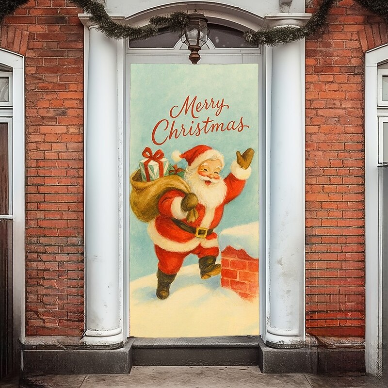 Christmas Door Cover, Vintage Santa Claus with Gift Bag Holiday Door Curtain, Classic 2025 Xmas Door Hanging for Party Porch Home Decoration2