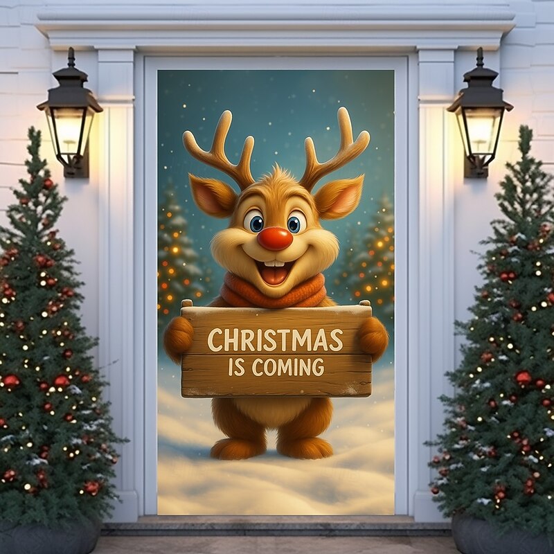Christmas Door Cover, Cute Reindeer Holiday Door Curtain with "Christmas Is Coming" Sign, 2025 Xmas Festive Door Hanging for Porch Party Home Decoration3