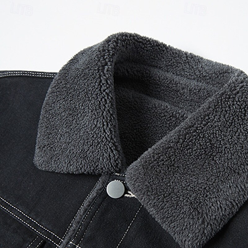 Men's Winter Jacket Fleece Jacket Denim Jacket Vacation Daily Thermal Warm Pocket Fleece Fall Winter Plain Fashion Streetwear Lapel Regular Black Blue Dark Gray Jacket4
