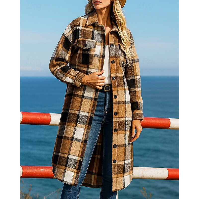 Women's Single-breasted Trench Coat with Pockets Long Sleeve Top Athleisure Plaid Checkered Windproof Warm Hiking Travel Vacation Sportswear Activewear Black Red Green3