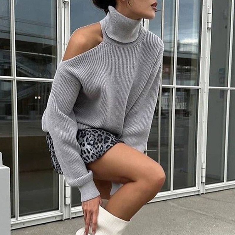 Women's Sweater Pullover Fashion Streetwear Casual Pure Color Ribbed Turtleneck Knitted Cold Shoulder Long Sleeve Regular Tops Knit Outdoor Daily Weekend Black Red Fall Winter4
