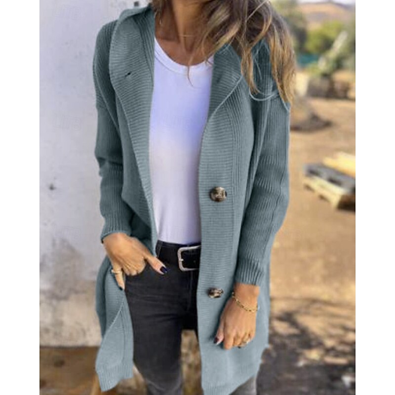 Women's Sweater Cardigan Streetwear Casual Solid Color Hooded Pocket Buttons Knitted Long Sleeve Long Tops Knit Daily Going out Weekend Black Yellow Fall Winter3