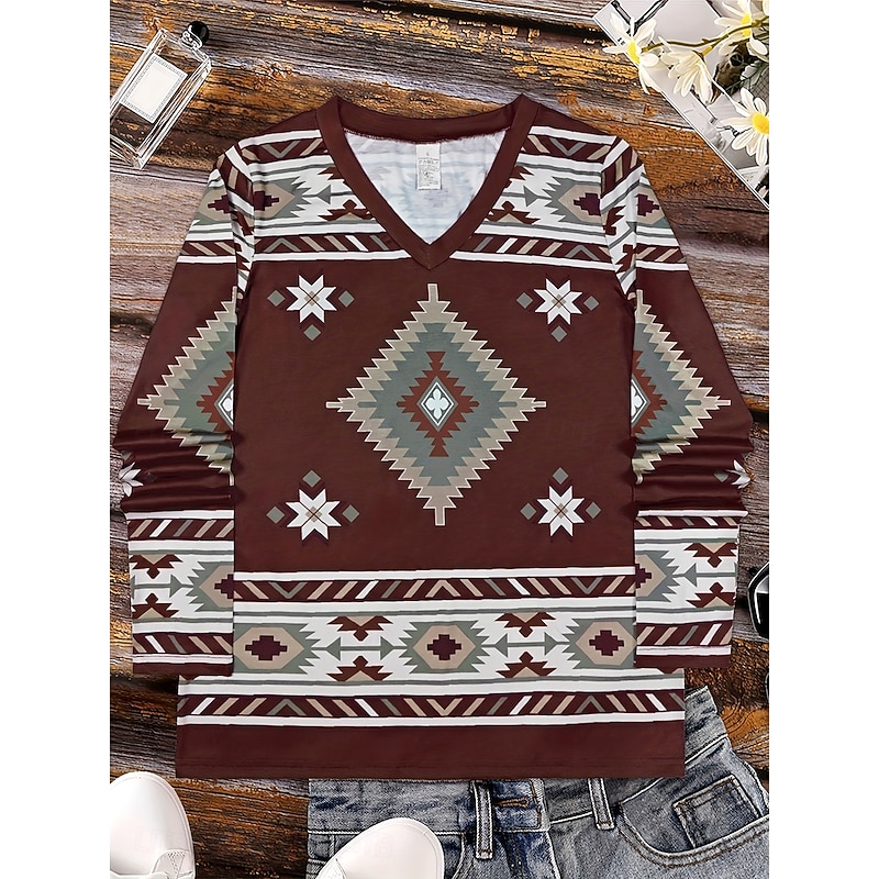 Women's T Shirt Graphic Geometric Tribal Vintage Stylish Classic Long Sleeve V Neck Regular Tops Daily Print Maroon Spring Fall Winter2
