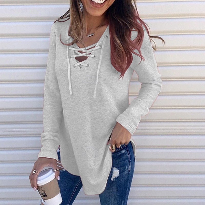 Women's T Shirt Tee Top Solid Color Elegant Fashion Long Sleeve V Neck Regular Tops Daily Weekend Navy Blue Light Grey Gray Spring Fall2