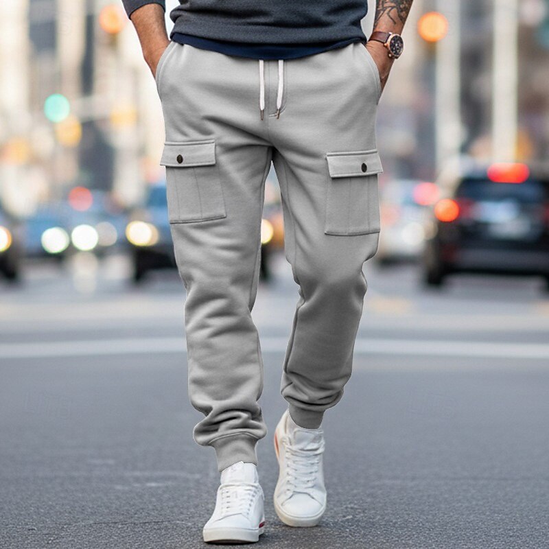 Men's Cargo Pants Sweatpants Fleece Pants Joggers Trousers Drawstring Front Pocket Plain Moisture Wicking Breathable Full Length Sports Outdoor Daily Going out Fashion Streetwear Black White2