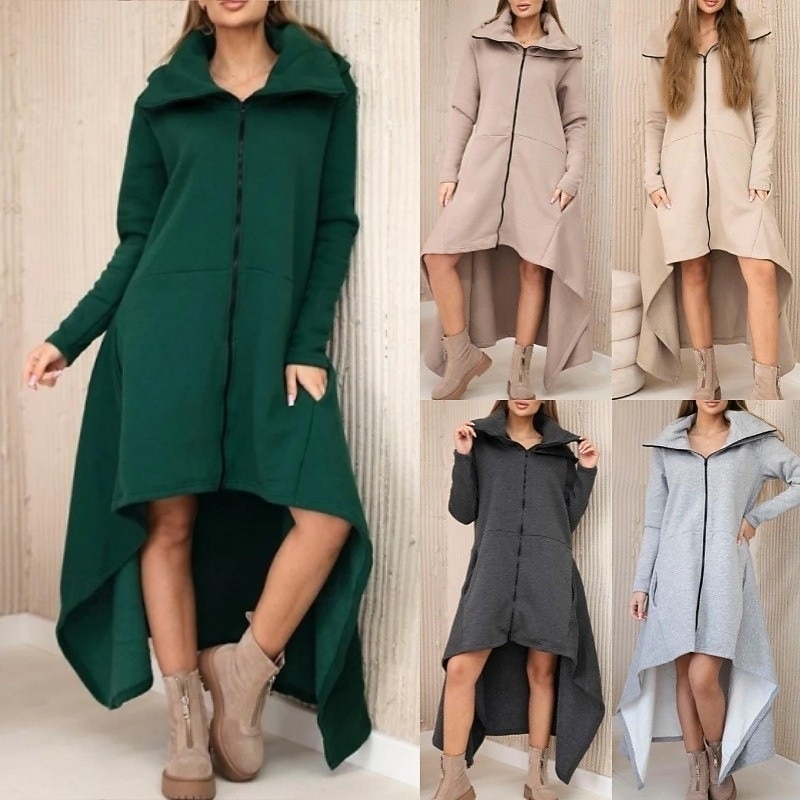 Women's Maxi Dress A Line Dress Casual Daily Loose Fit Plain Long Sleeve Hooded Green Dark Gray Apricot Beige Spring Fall Winter