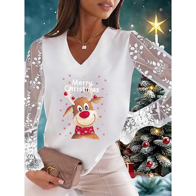 Christmas Women's T Shirt Lace Splicing Top Graphic Ugly Christmas Elegant Fashion Cute Long Sleeve Lantern Sleeve V Neck Regular Tops Going out Weekend Lace Patchwork Black and White Pearl White2