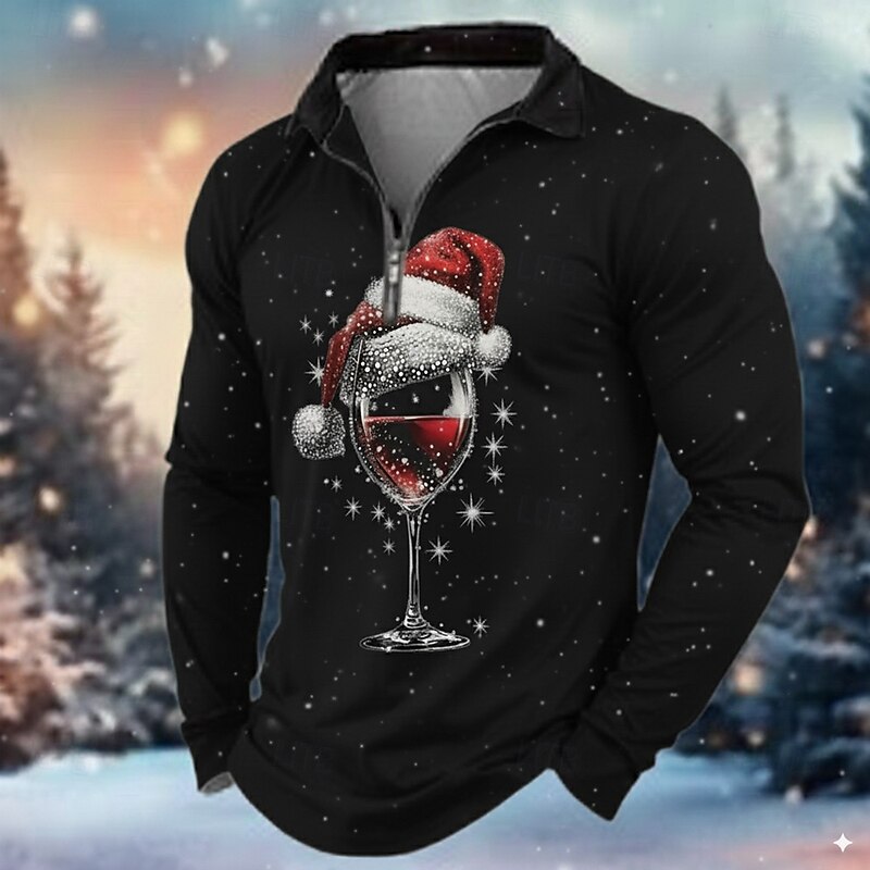 Christmas Men's Christmas Pattern Polo Long Sleeve Turndown Modern Leisure Holiday Casual Daily Zipper 3D Print Spring Fall Winter Black Green Wine