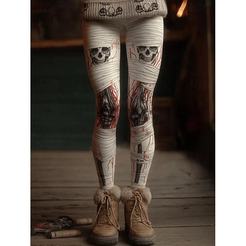 Women's Leggings Vacation Vintage Fashion Full Length High WaistPantsHalloween Graphic Skull Halloween Printing Soft Breathable Stretchy Formal Vacation Street off-white Spring Fall Winter Slim Fit
