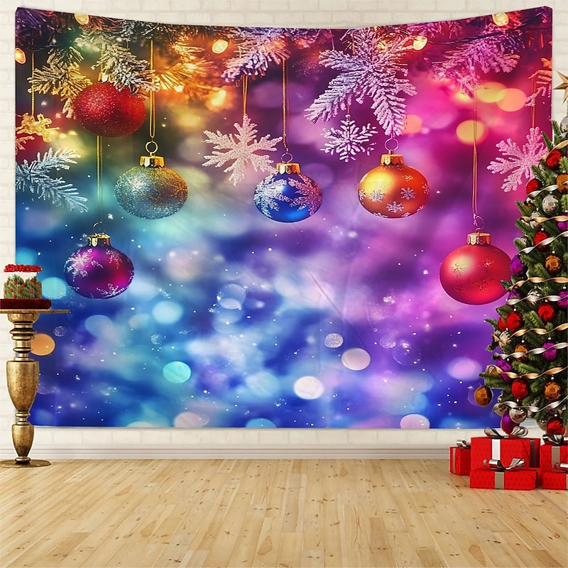 Chrismas Hanging Tapestry Christmas Ornament Balls Festive Holiday Background Light Bulbs Neon Lights Large Wall Art Mural Decor Blanket Curtain Home Bedroom Living Room Seasonal Decoration4