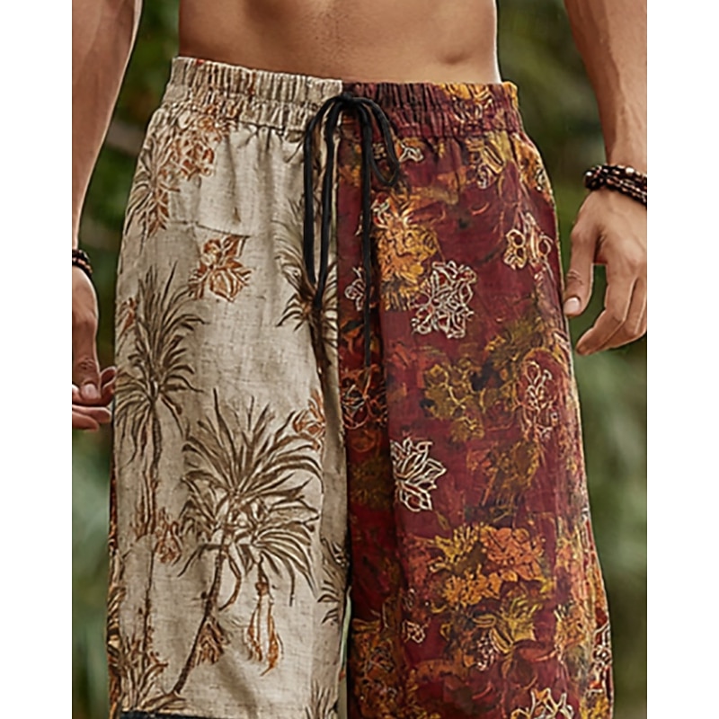 Men's Trousers Casual Pants Drawstring Pocket Elastic Waist Color Block Flowers Comfort Daily Going out Vintage Casual Red Micro-elastic2