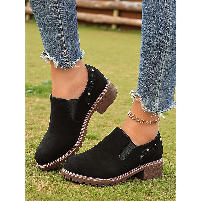Women's Light Brown Slip-On Shoes with Studded Detail, Casual Retro Style Low Heel Shoes for Daily Wear
