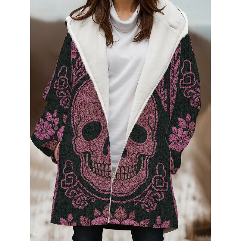 Women's Winter Coat Winter Jacket Windproof Warm Zipper Pocket Fleece Lined Open Front Casual Skull Outdoor Vacation Home Casual Long Hooded Regular Fit Long Sleeve Outerwear Pink Blue Purple Winter