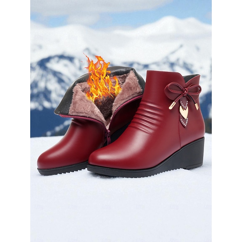 Women's Burgundy Faux Leather Warm Fur Lined Wedge Ankle Boots – Winter Waterproof Non-Slip Booties with Bow for Casual Snow Days ,Work and Outdoor Wear2