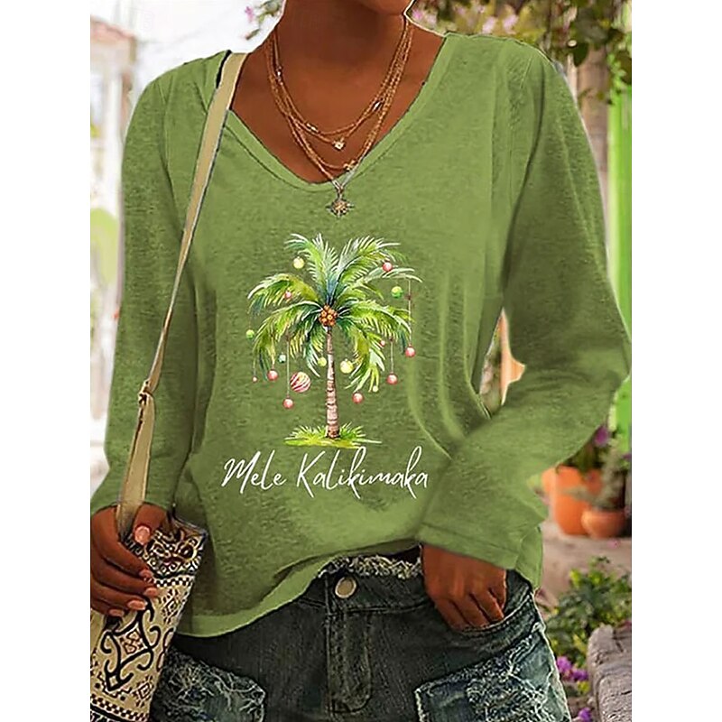 Christmas Women's T Shirt Graphic Christmas Tree Vintage Stylish Classic Long Sleeve V Neck Regular Tops Daily Print Red Green Gray Spring Fall Winter3