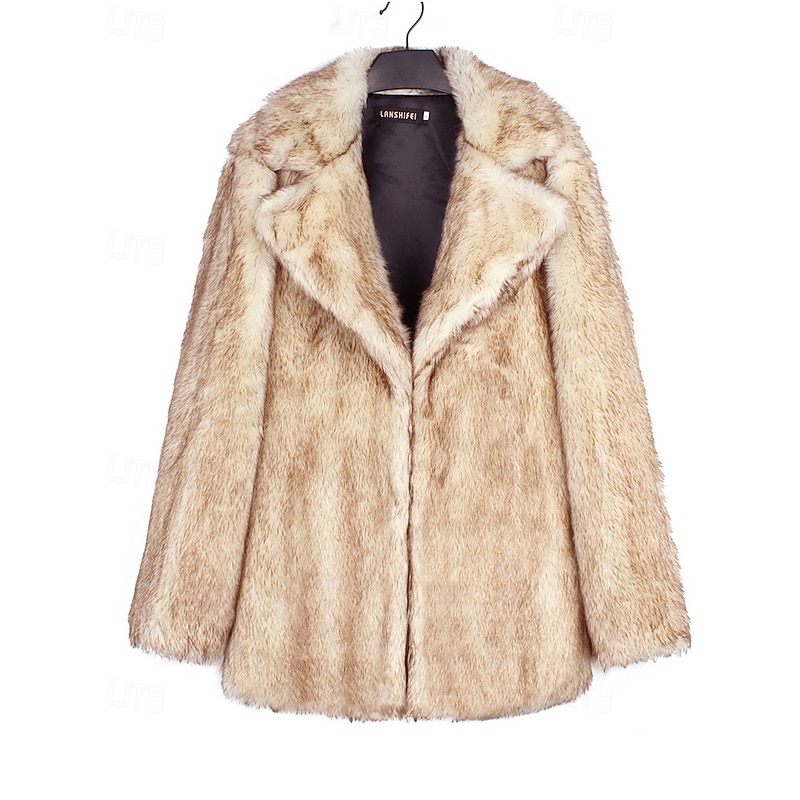 Women's Coat Faux Fur Coat Warm Comfortable Furs & Leathers Casual Plain Vacation Street Daily Wear Going out Long Turndown Regular Fit Long Sleeve Outerwear Light Yellow Fall Winter3