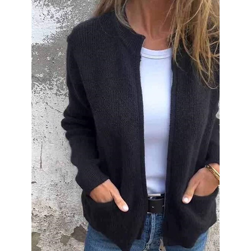 Women's Sweater Cardigan Elegant Fashion Streetwear Pure Color Stand Collar Zipper Knitted Long Sleeve Regular Tops Knit Outdoor Daily Weekend Black Yellow Fall Winter4
