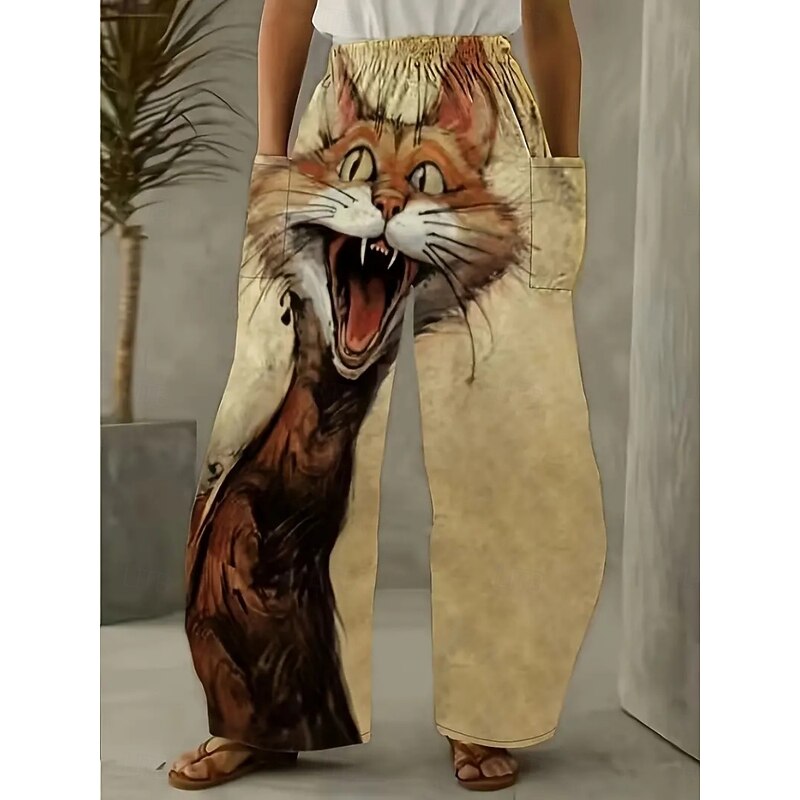 Women's Wide Leg Chinos Pants Trousers Vacation Fashion Casual Full Length High WaistPantsHalloween Cat Pocket Elastic Waistband Printing Comfy Soft Comfortable Stretchy Outdoor Street Black Yellow4