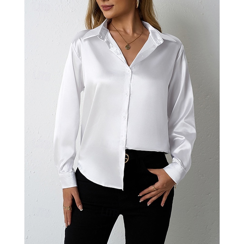 Women's Shirt Elegant Dressy Satin Solid Color Stylish Basic Casual Long Sleeve Shirt Collar Regular Tops Daily Going out Buttons White Yellow Purple Brown Spring Fall