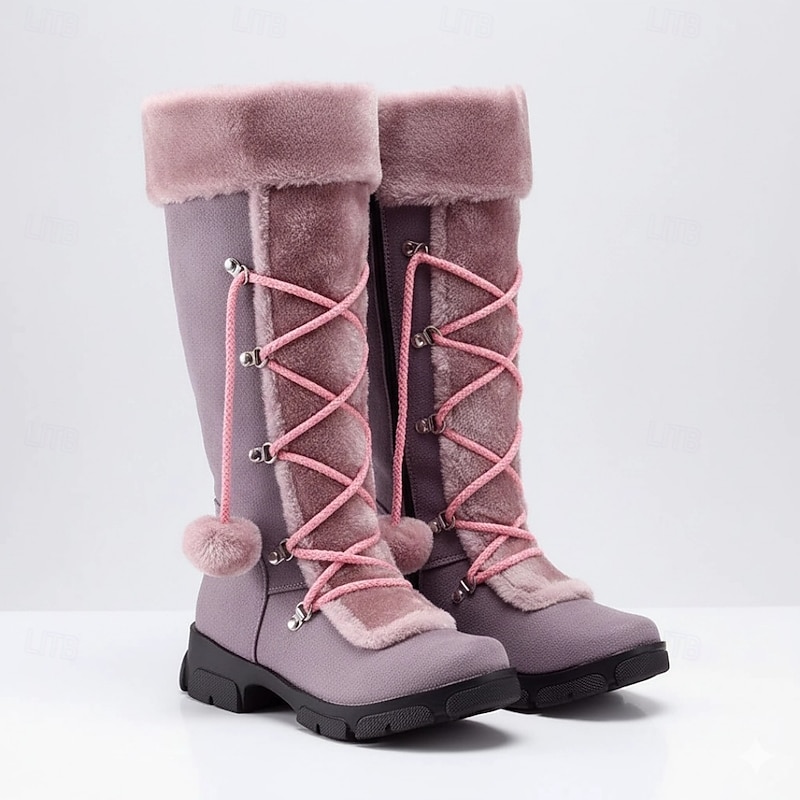 Women's Black Faux Fur Winter Boots with Pom-Pom Laces - Warm Insulated, Knee-High Design, Non-Slip Soles for Cold Weather and Snowy Days2