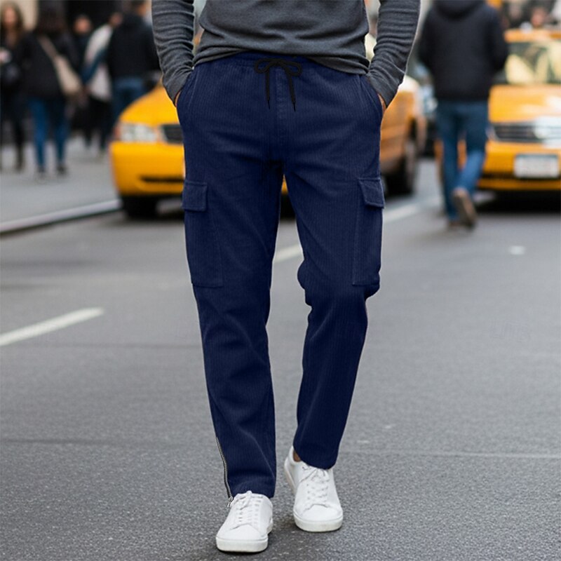 Men's Cargo Pants Trousers Corduroy Pants Winter Pants Drawstring Pocket Zip Leg Plain Comfort Soft Full Length Outdoor Party Business Fashion Streetwear Denim Blue Black Inelastic2