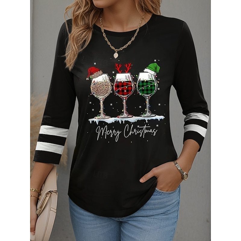 Christmas Women's T Shirt Graphic Christmas Vintage Stylish Classic Long Sleeve Crew Neck Regular Tops Daily Weekend Print Black Blue Green Spring Fall Winter