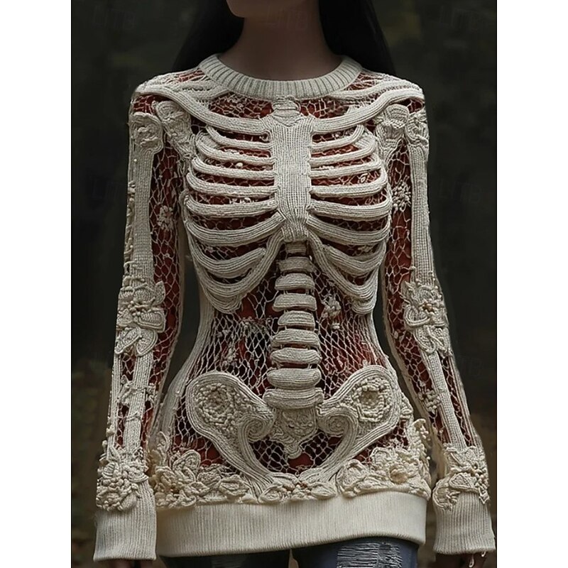 Halloween Women's Sweater Skeleton  Fashion Casual Graphic Skeleton Crew Neck Patchwork Knitted Long Sleeve Regular Tops KnitBlack Pink Fall Winter2