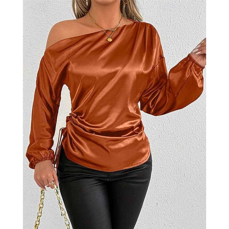 Women's Shirt Elegant Dressy Satin Solid Color Stylish Casual Long Sleeve Cold Shoulder Regular Tops Daily Going out Asymmetric Yellow Brown Spring Fall2