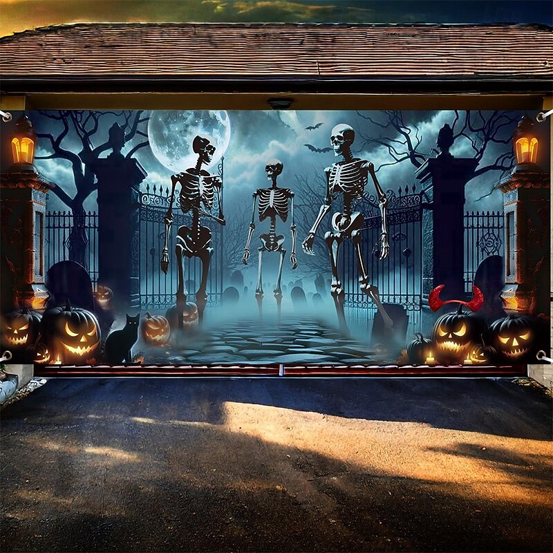 Halloween Garage Door Cover Large Hanging Backdrop Skeleton 3D Dark Punk Gothic Style Party Outdoor Shooting Backgrounds Yard Haunted House Home Decor2