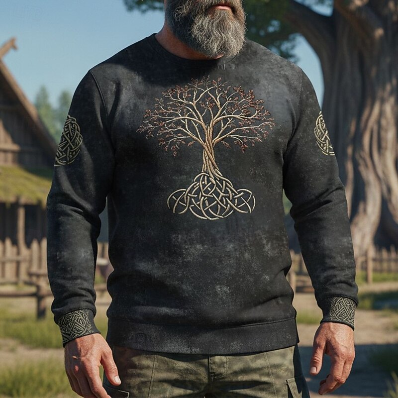 Men's Sweatshirt Black Blue Gray Crew Neck Tree Of Life Yggdrasil Celtic Knot Print Casual Daily Holiday Vintage Viking Fall Winter Clothing Apparel Hoodies Sweatshirts
