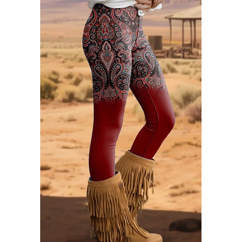 Women's Leggings Vacation Vintage Ethnic Style Full Length High Waist Graphic Gradient 3D Print Quick Dry Breathability Soft High Elasticity Outdoor Home Causal Red Blue Brown Green Fall Slim Fit3