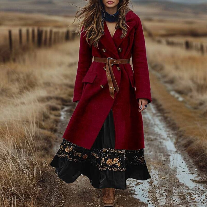 Women's Coat Pea Coat Warm Comfortable Pocket Buttons Boho Vintage Plain Vacation Street Going out Weekend Long Turndown Regular Fit Long Sleeve Outerwear Black Pink Wine Fall Winter4